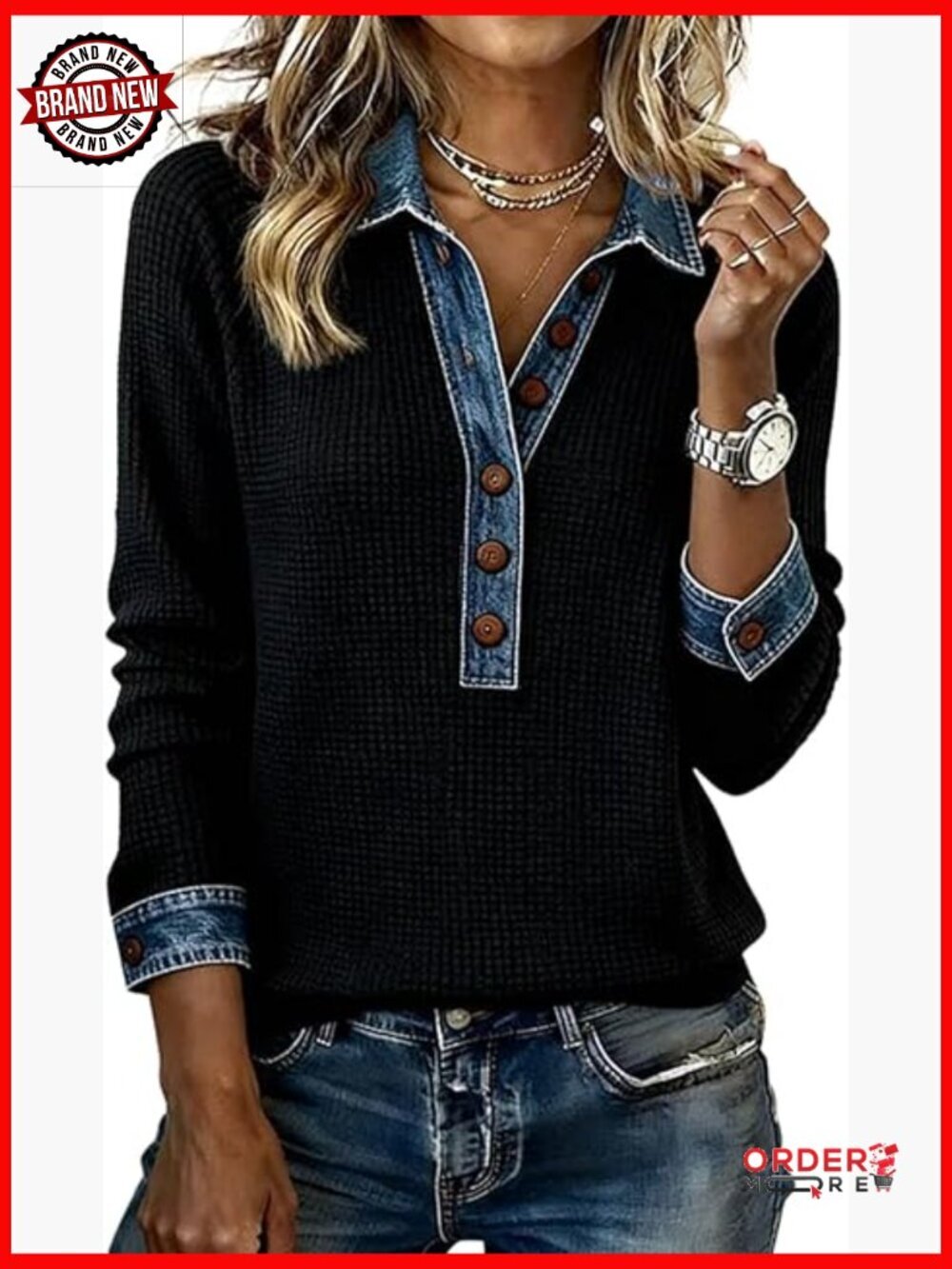 Patchwork Denim Shirt Tunic Top Long Sleeve V-Neck Loose Fit